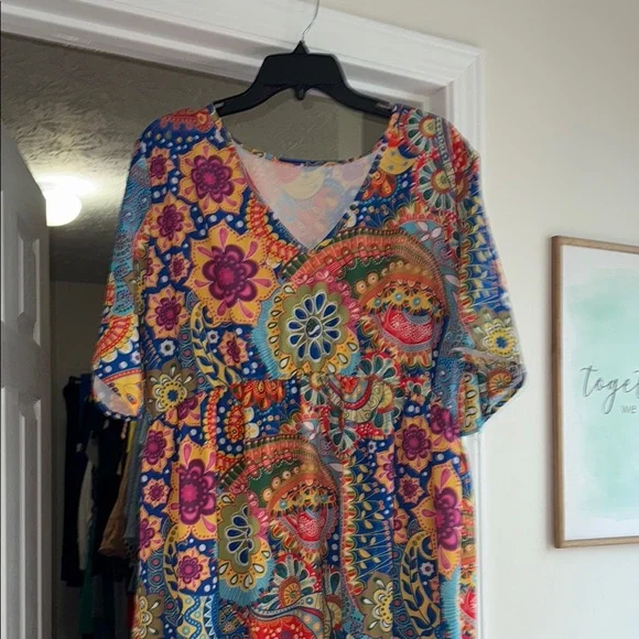 Red and Blue Puff Sleeve V-Neck Maxi Sundress - Picture 7 of 13